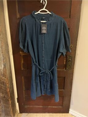 GAP Navy Blue Button-Front Mini Dress with Tie Waist